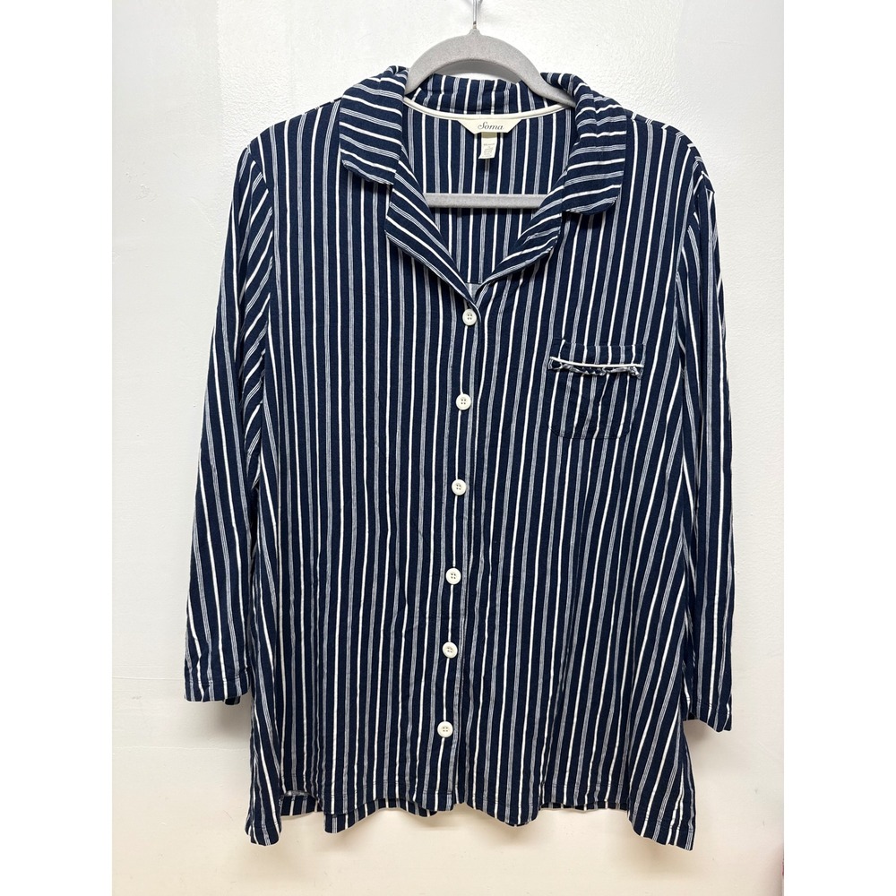 Soma Pajama Set Womens XL Navy White Striped Button Top & Pants Loungewear #49 - Picture 2 of 9
